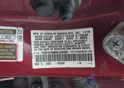 2006 Honda Civic Ex z USA, uszkodzony, nr VIN 1HGFA16806L030697